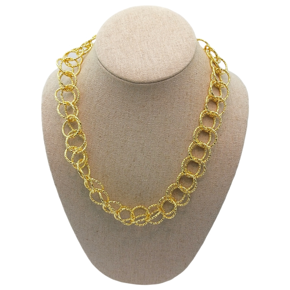 Vintage Womens Statement Necklace Gold Tone Rings Double Strand Jewelry